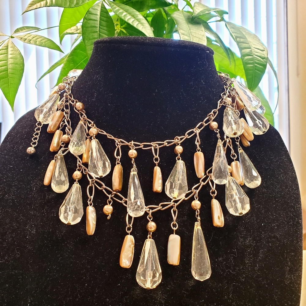 NYC Lucite Prisms and Shell Dangle Link Silver Tone Necklace